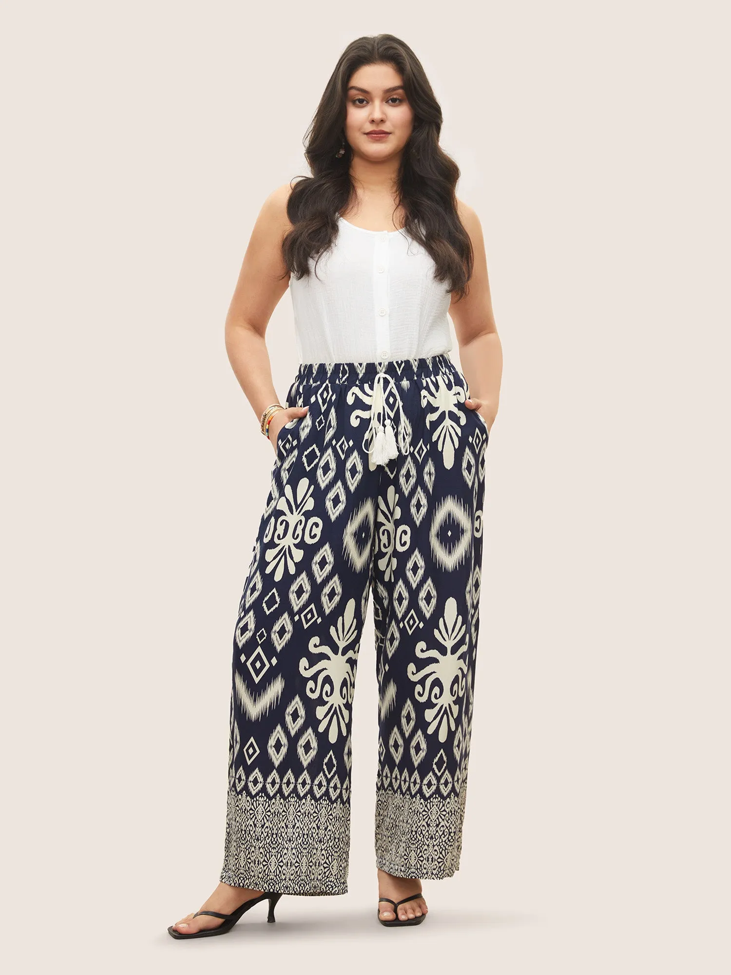 Bandana Tassel Trim Elastic Waist Wide Leg Pants sold by Bloomchic product image thumbnail 3