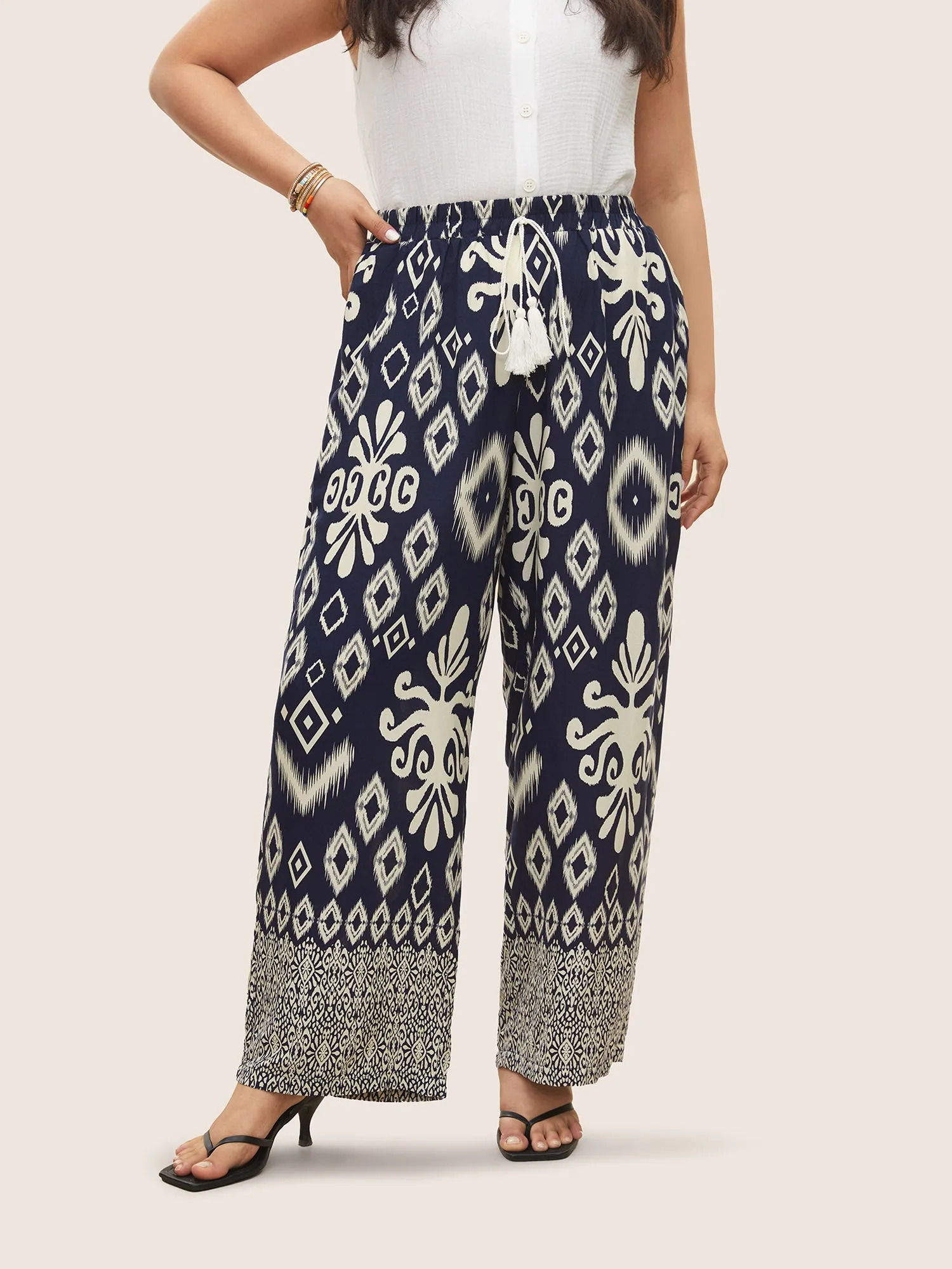 Bandana Tassel Trim Elastic Waist Wide Leg Pants sold by Bloomchic