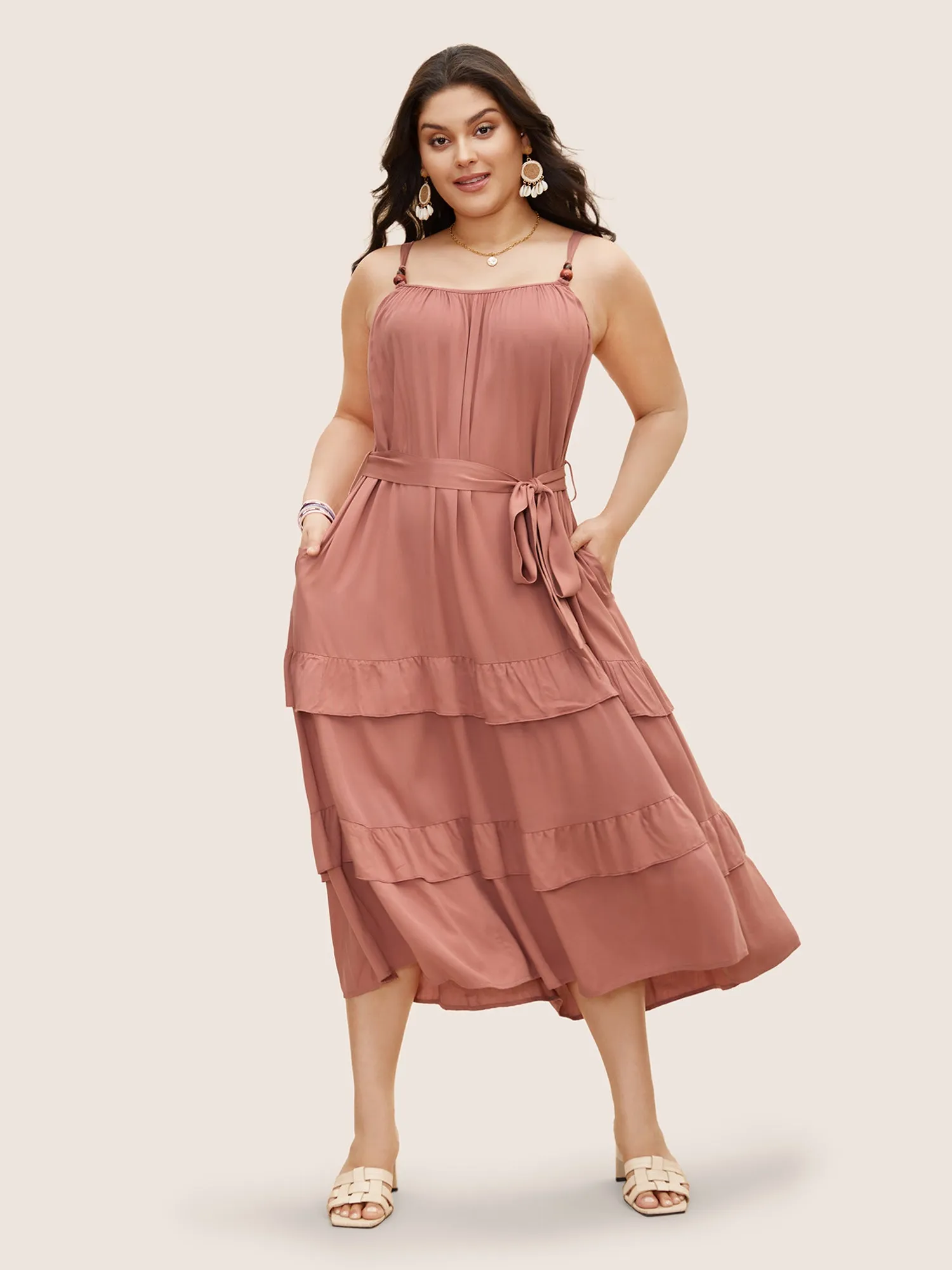 Solid Ruffle Layered Hem Cami Dress sold by Bloomchic