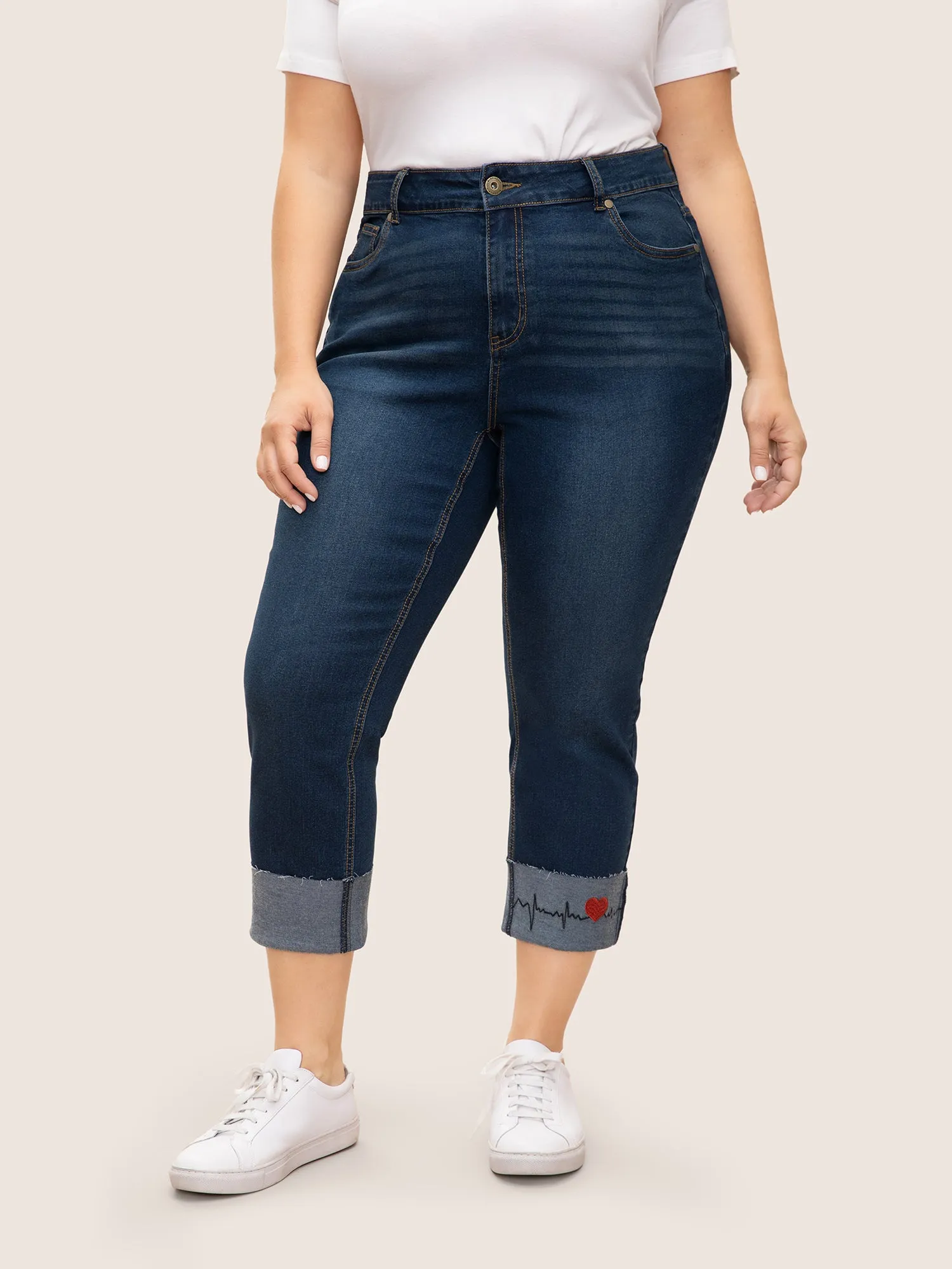 Heartbeat Embroidered Roll Hem Dark Wash Cropped Jeans sold by Bloomchic