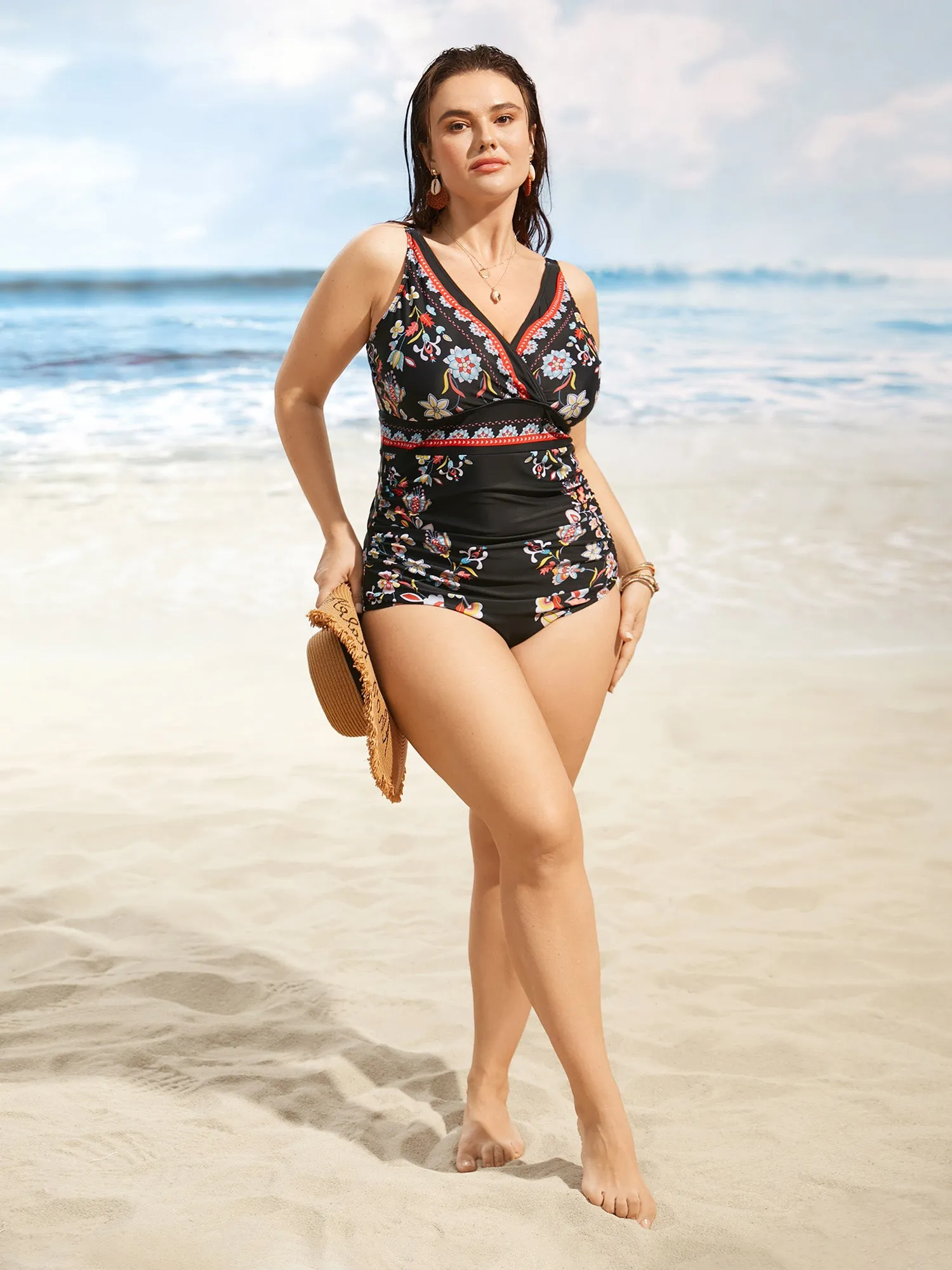 Boho Print Surplice Neck Ruched One Piece Swimsuit sold by Bloomchic product image thumbnail 3