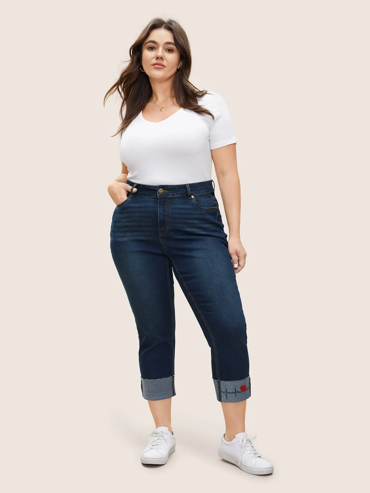 Heartbeat Embroidered Roll Hem Dark Wash Cropped Jeans sold by Bloomchic product image thumbnail 2