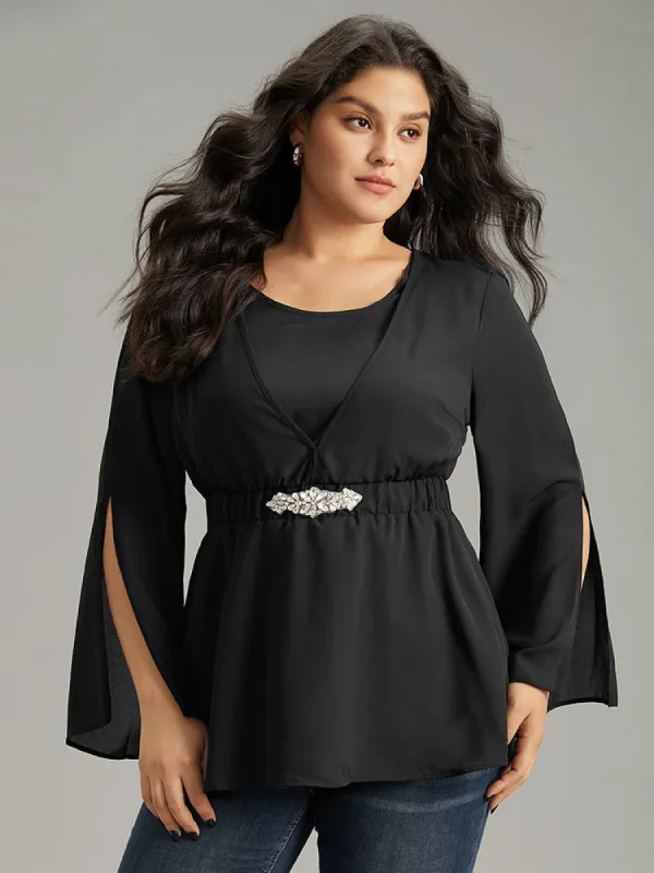 Solid Chiffon Rhinestone Bell Sleeve Blouse sold by Bloomchic