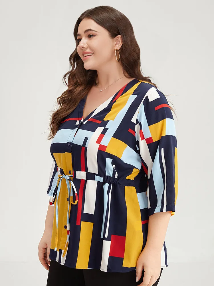 Geometric Contrast Drawstring Button Up Blouse sold by Bloomchic product image thumbnail 3