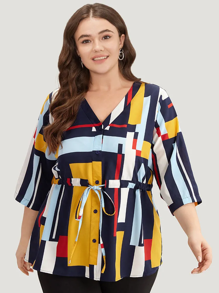 Geometric Contrast Drawstring Button Up Blouse sold by Bloomchic