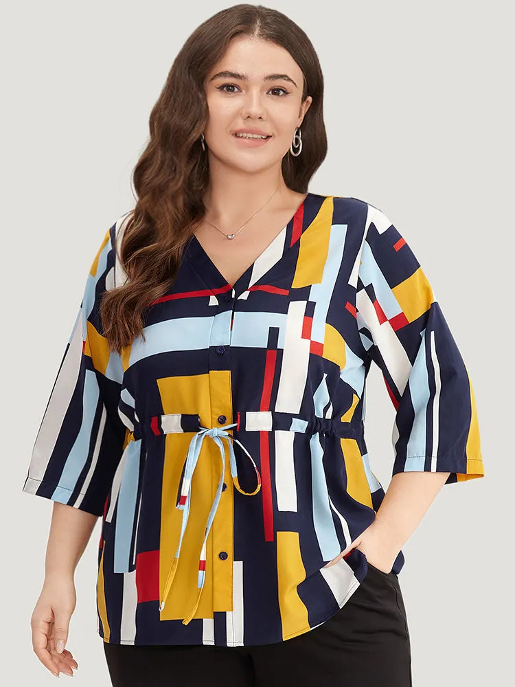 Geometric Contrast Drawstring Button Up Blouse sold by Bloomchic product image thumbnail 2