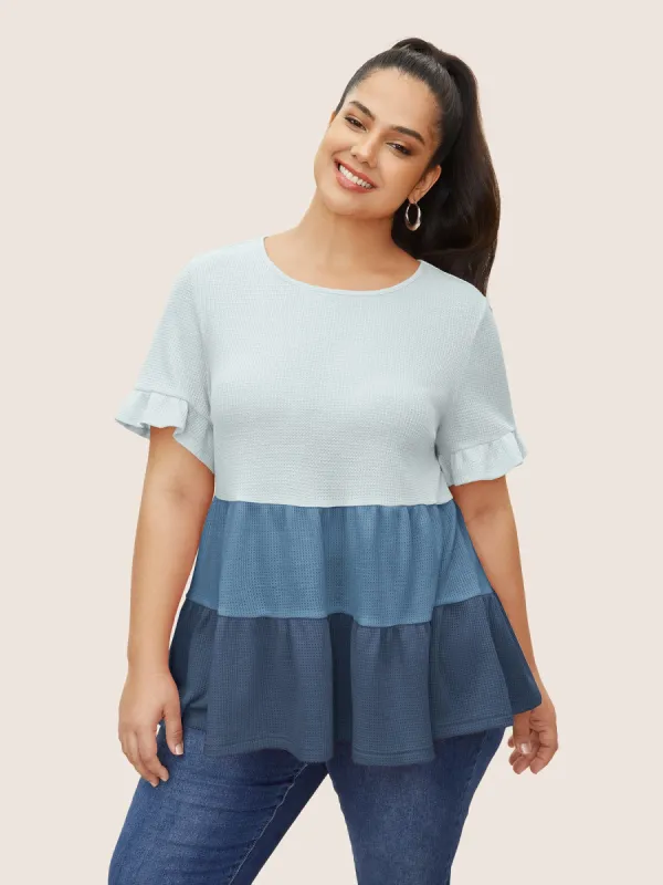 Waffle Knit Contrast Ruffle Layered Hem T-shirt sold by Bloomchic