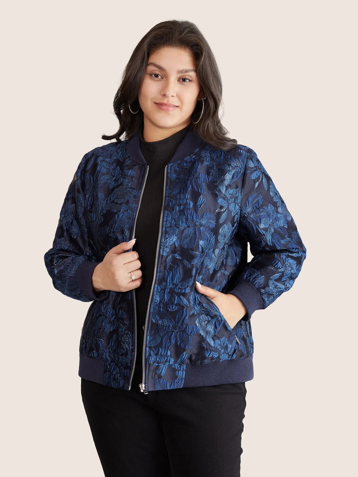Floral Patchwork Zipper Jacquard Jacket sold by Bloomchic