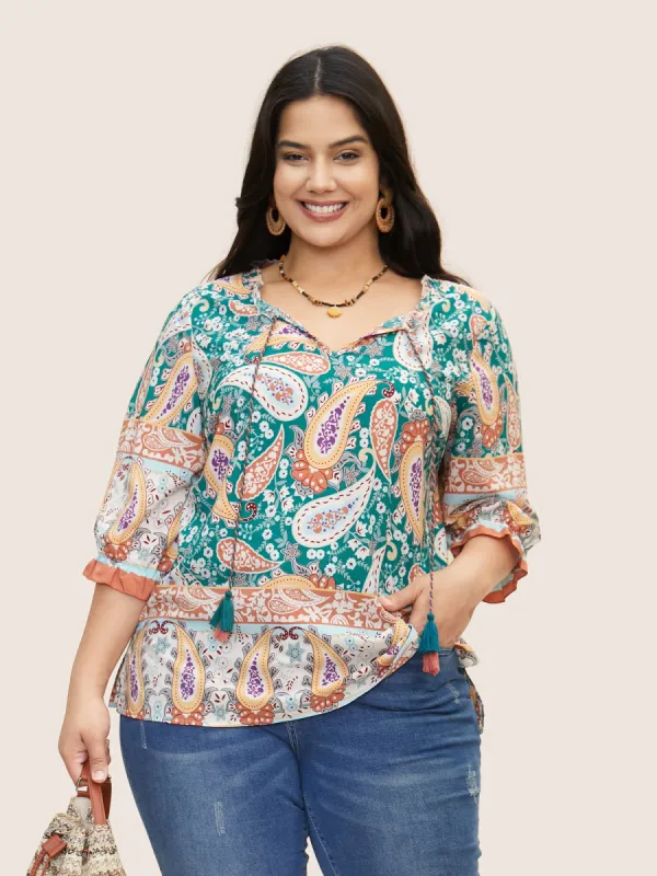 Boho Print Tassels Lantern Sleeve Blouse sold by Bloomchic