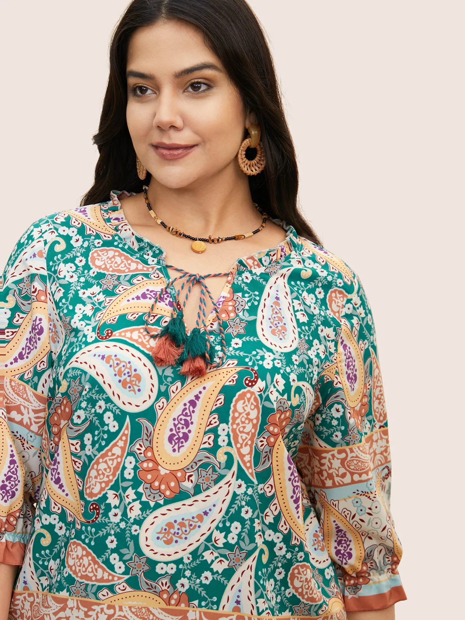 Boho Print Tassels Lantern Sleeve Blouse sold by Bloomchic product image thumbnail 4