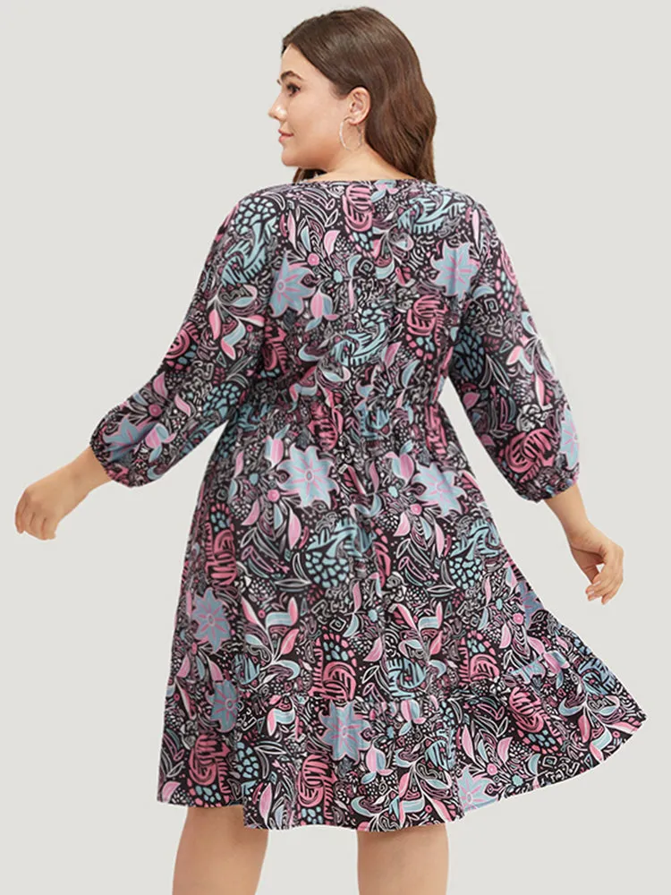 Floral Print Lantern Sleeve Elastic Waist Dress sold by Bloomchic product image thumbnail 4