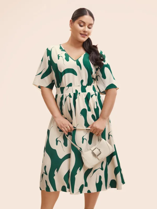 Geometric Print Shirred Gathered Dress sold by Bloomchic