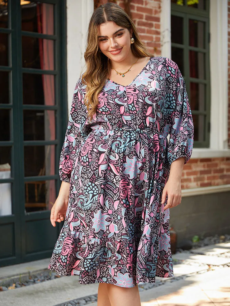 Floral Print Lantern Sleeve Elastic Waist Dress sold by Bloomchic product image thumbnail 2