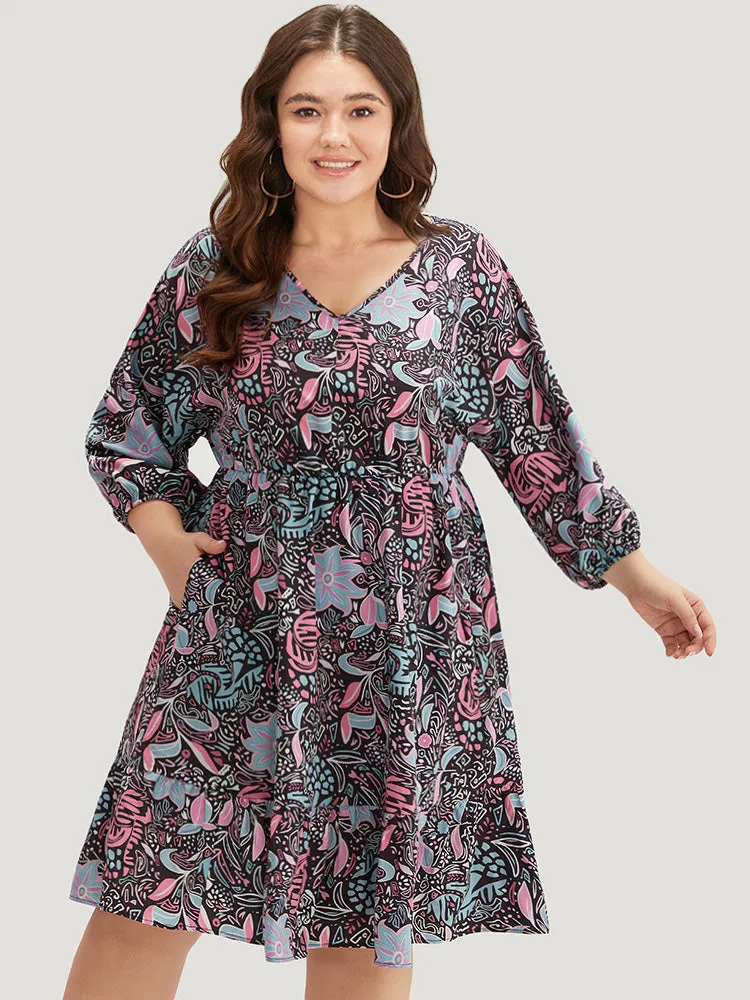 Floral Print Lantern Sleeve Elastic Waist Dress sold by Bloomchic product image thumbnail 3