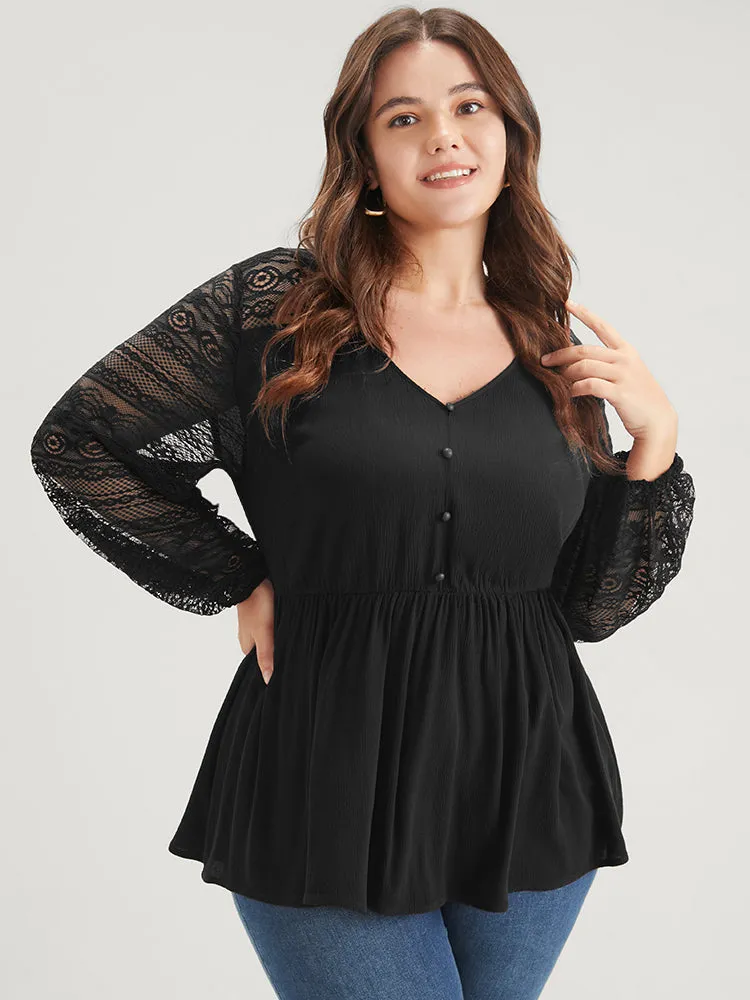 Solid Button Lantern Sleeve Flutter Contrast Lace Blouse sold by Bloomchic