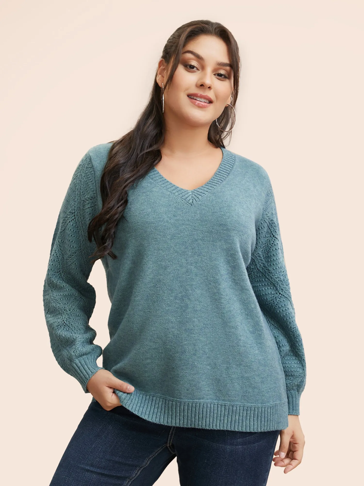 V Neck Texture Lantern Sleeve Pullover sold by Bloomchic