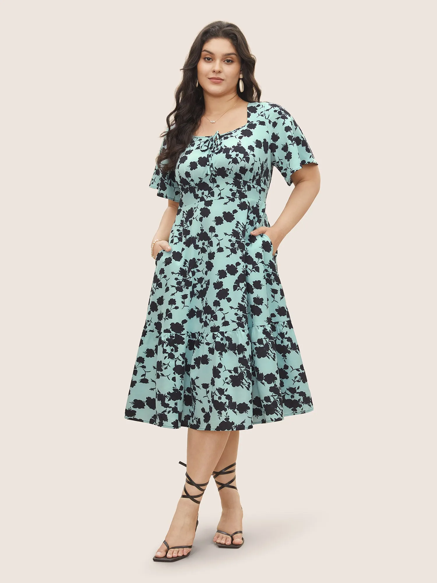 Silhouette Floral Print Knot Neck Flutter Hem Dress sold by Bloomchic product image thumbnail 3