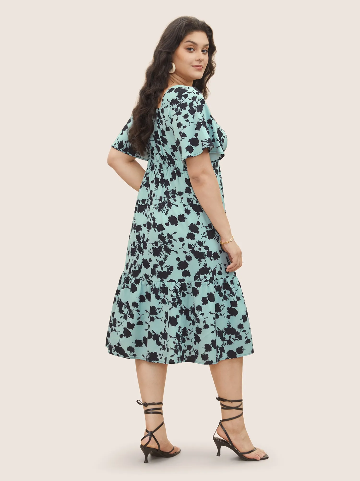 Silhouette Floral Print Knot Neck Flutter Hem Dress sold by Bloomchic product image thumbnail 4
