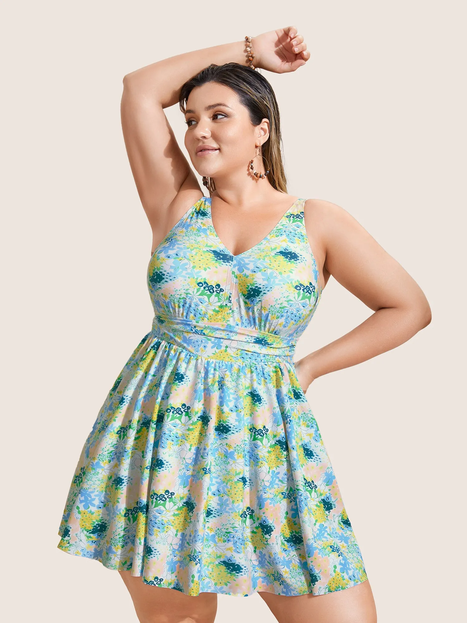 Floral Print V Neck Gathered Swim Dress sold by Bloomchic