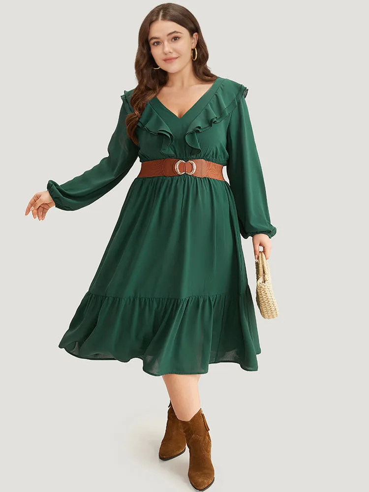 Solid Shirred Ruffle Trim Pleated Dress sold by Bloomchic