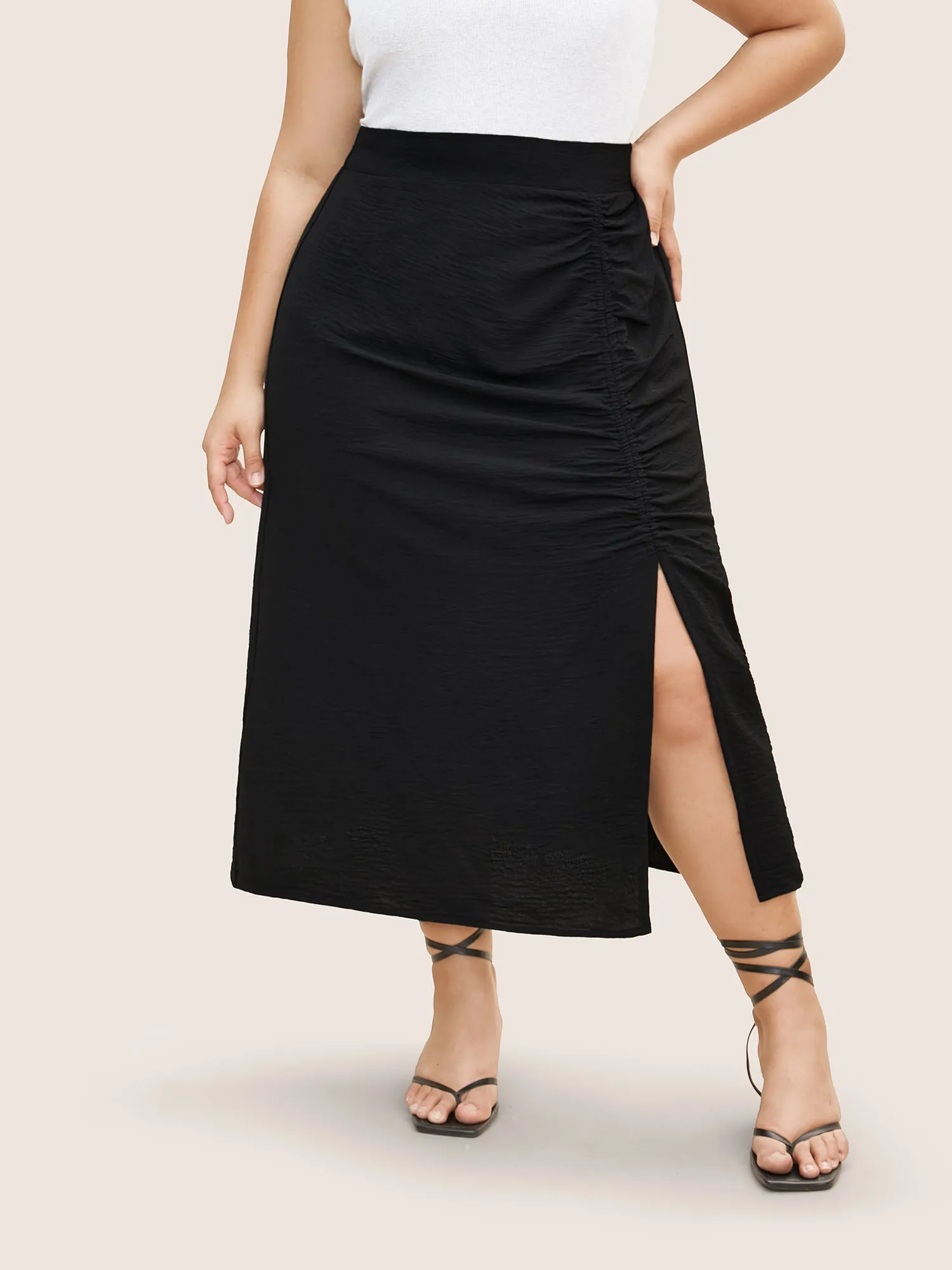 Plain Textured Slit Hem Gathered Skirt sold by Bloomchic