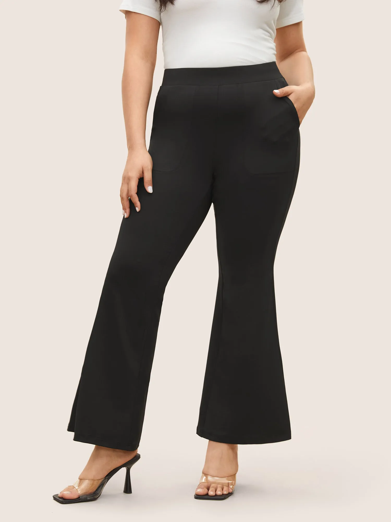 Plain Elastic Waist High Rise Flare Leg Pants sold by Bloomchic