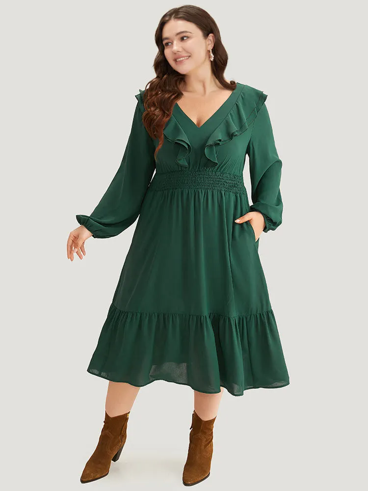 Solid Shirred Ruffle Trim Pleated Dress sold by Bloomchic product image thumbnail 5