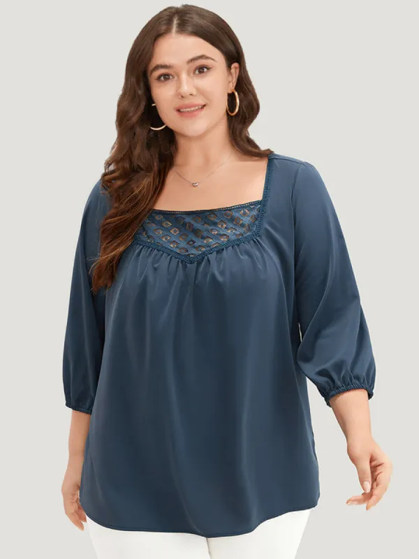 Anti-Wrinkle Square Neck Lace Panel Gathered Blouse sold by Bloomchic
