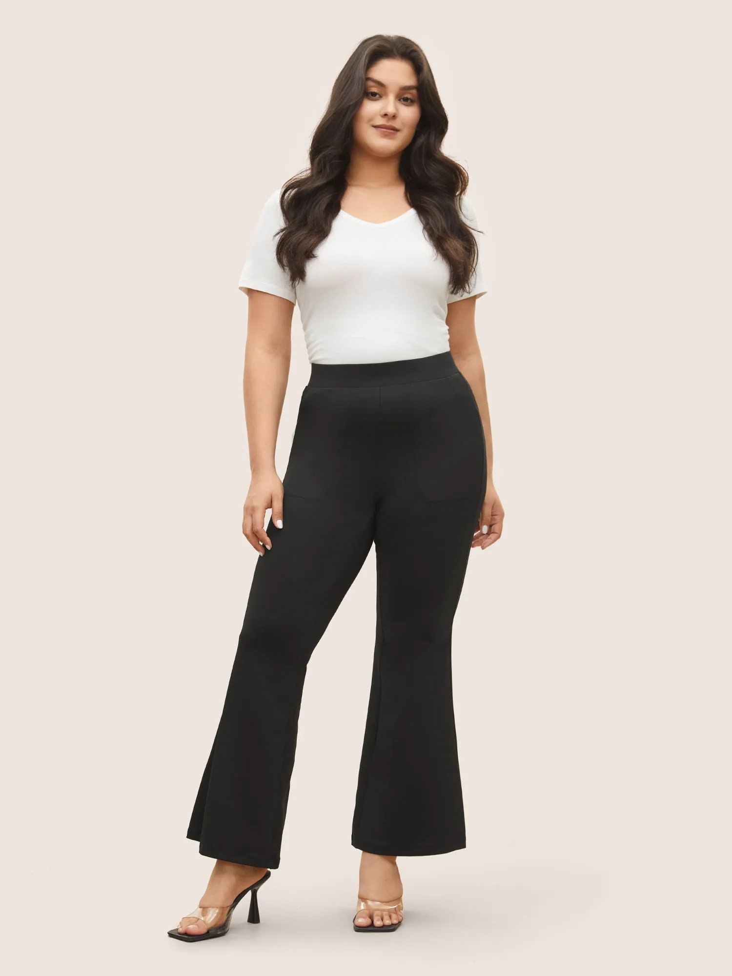 Plain Elastic Waist High Rise Flare Leg Pants sold by Bloomchic product image thumbnail 3