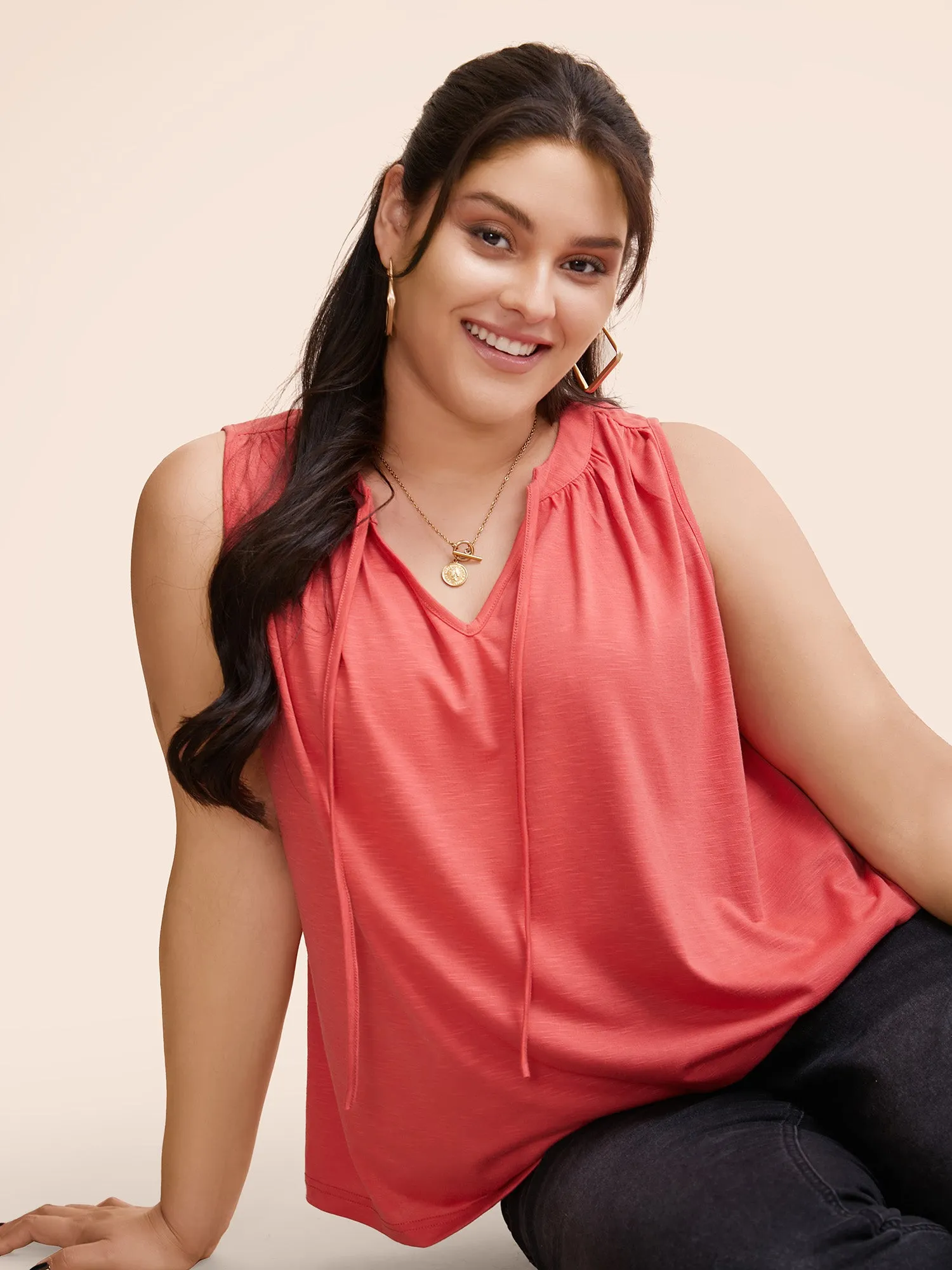 Solid Tie Knot Gathered Tank Top sold by Bloomchic