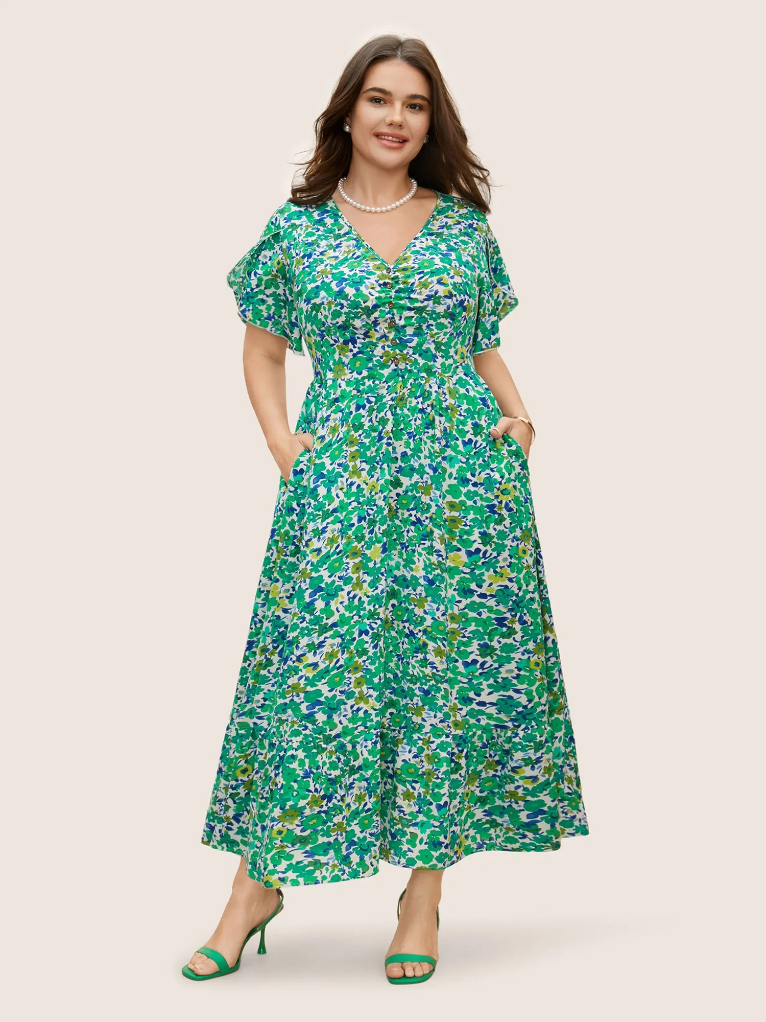 Floral Button Detail Petal Sleeve Maxi Dress sold by Bloomchic product image thumbnail 2