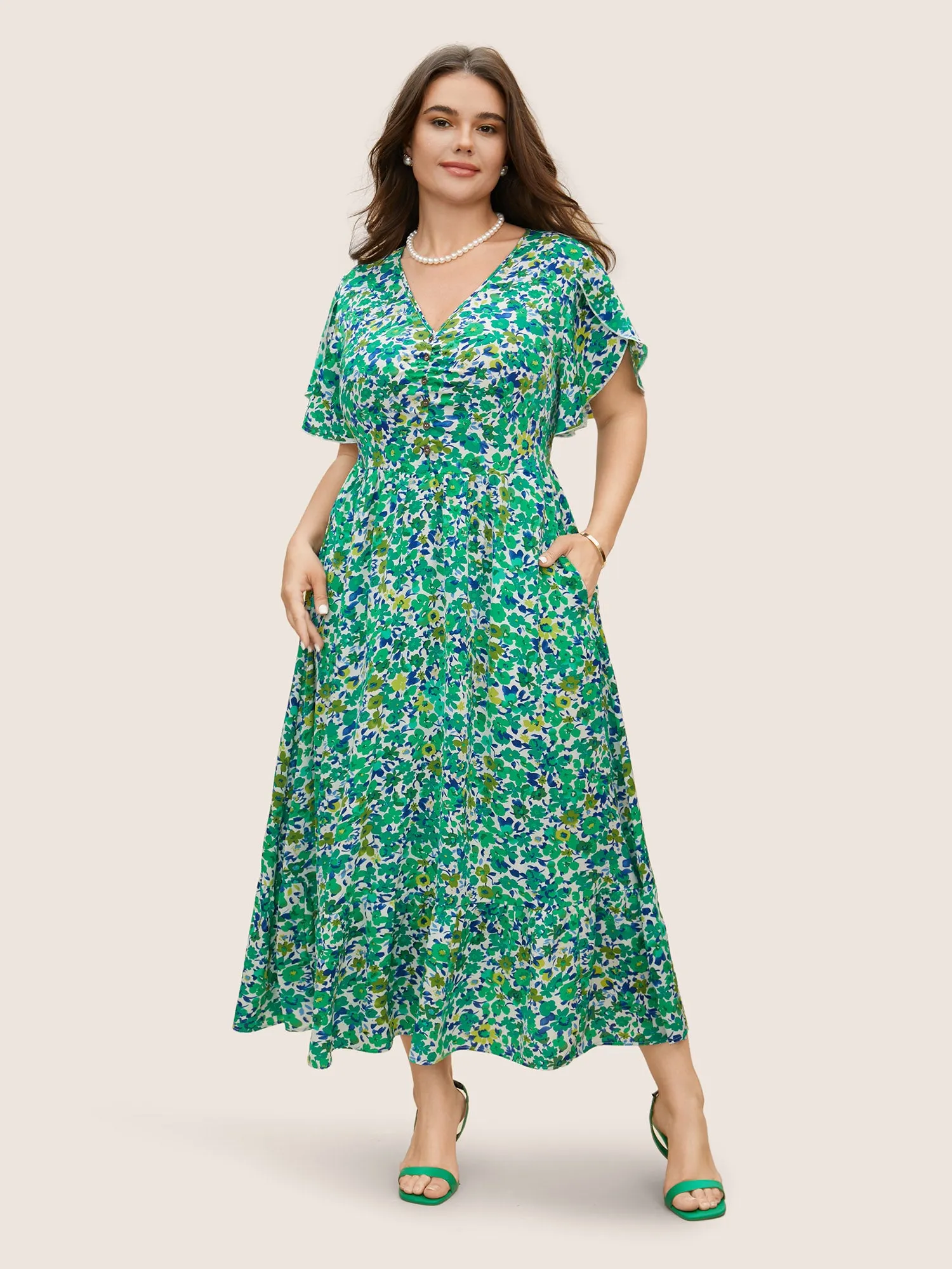 Floral Button Detail Petal Sleeve Maxi Dress sold by Bloomchic