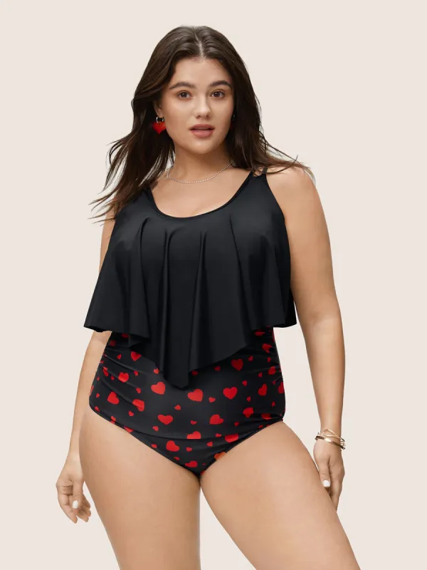 Heart Print Ruffle Layered Ruched One Piece Swimsuit sold by Bloomchic
