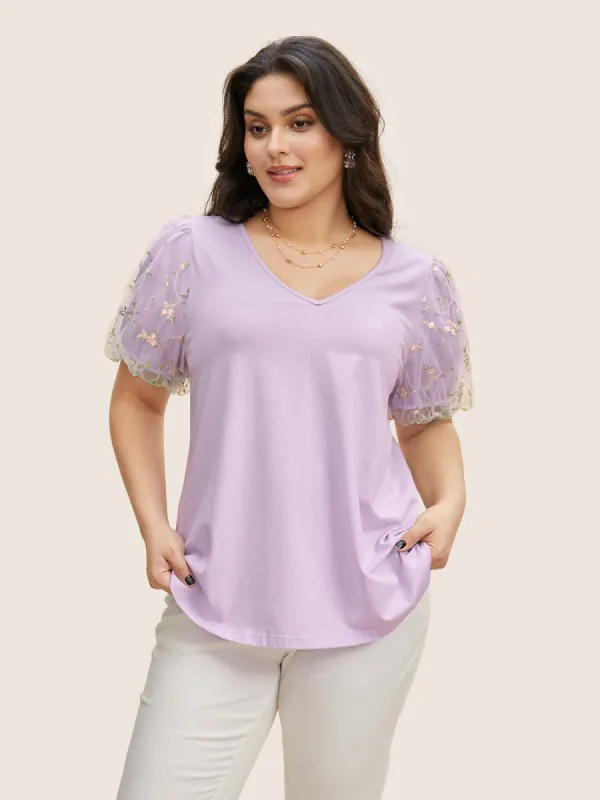 V Neck Mesh Floral Embroidered T-shirt sold by Bloomchic