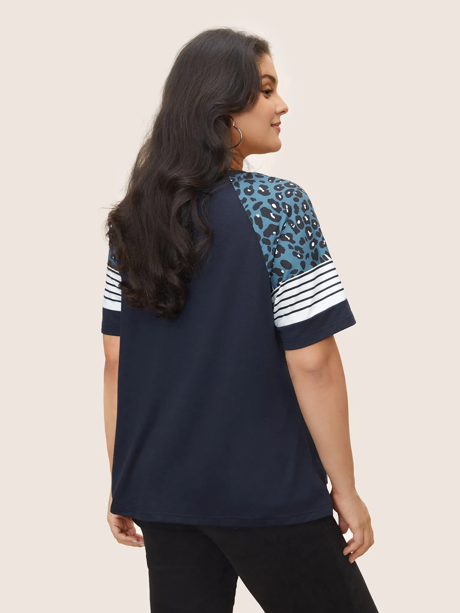 Stripes Leopard Patchwork Raglan Sleeve T-shirt sold by Bloomchic product image thumbnail 2