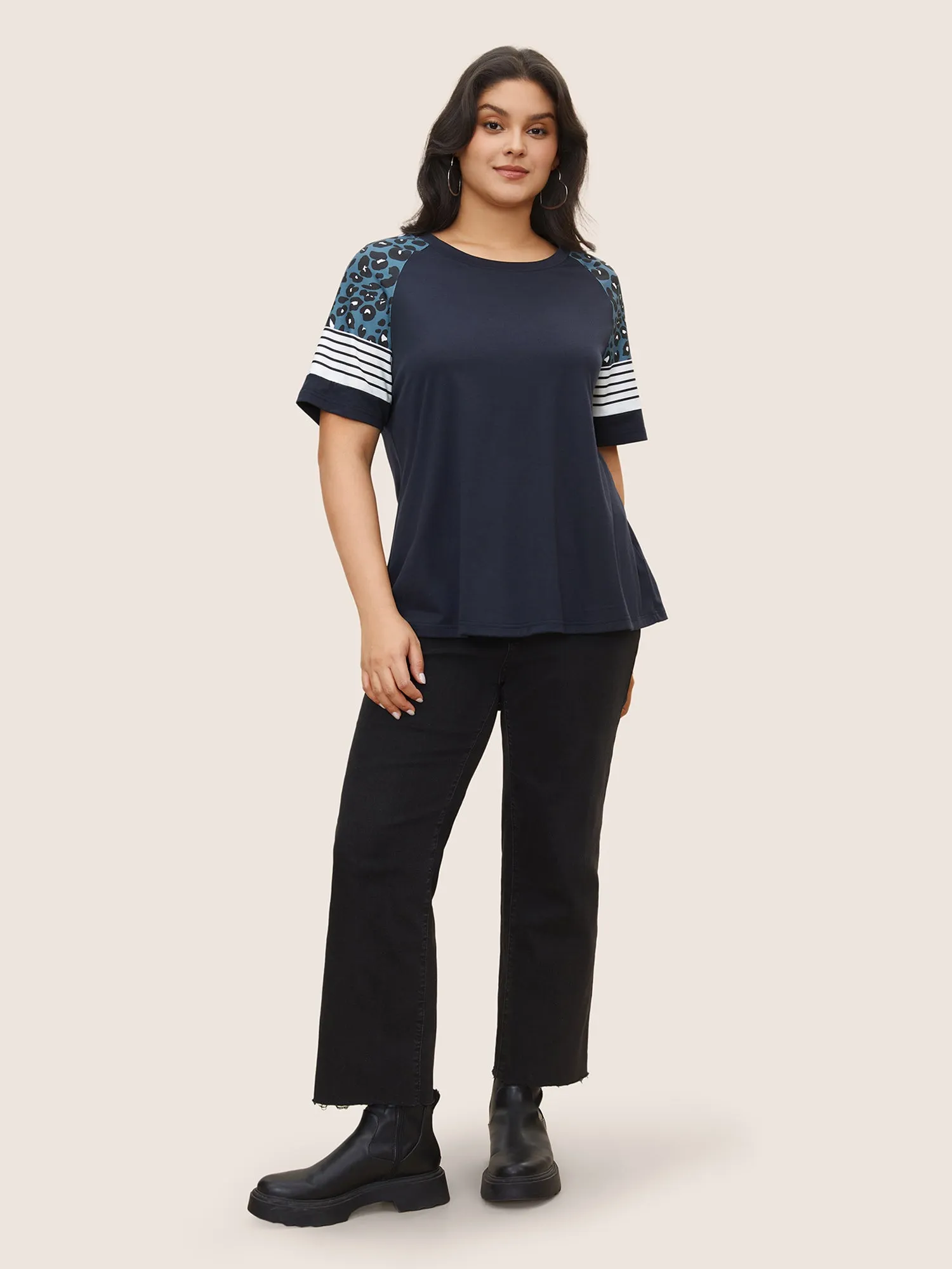 Stripes Leopard Patchwork Raglan Sleeve T-shirt sold by Bloomchic product image thumbnail 3