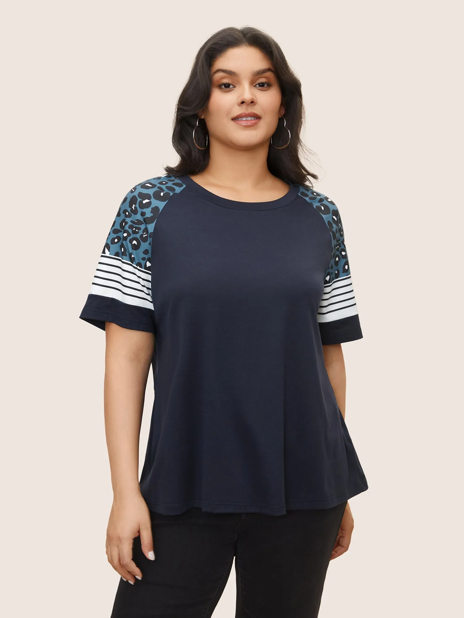 Stripes Leopard Patchwork Raglan Sleeve T-shirt sold by Bloomchic