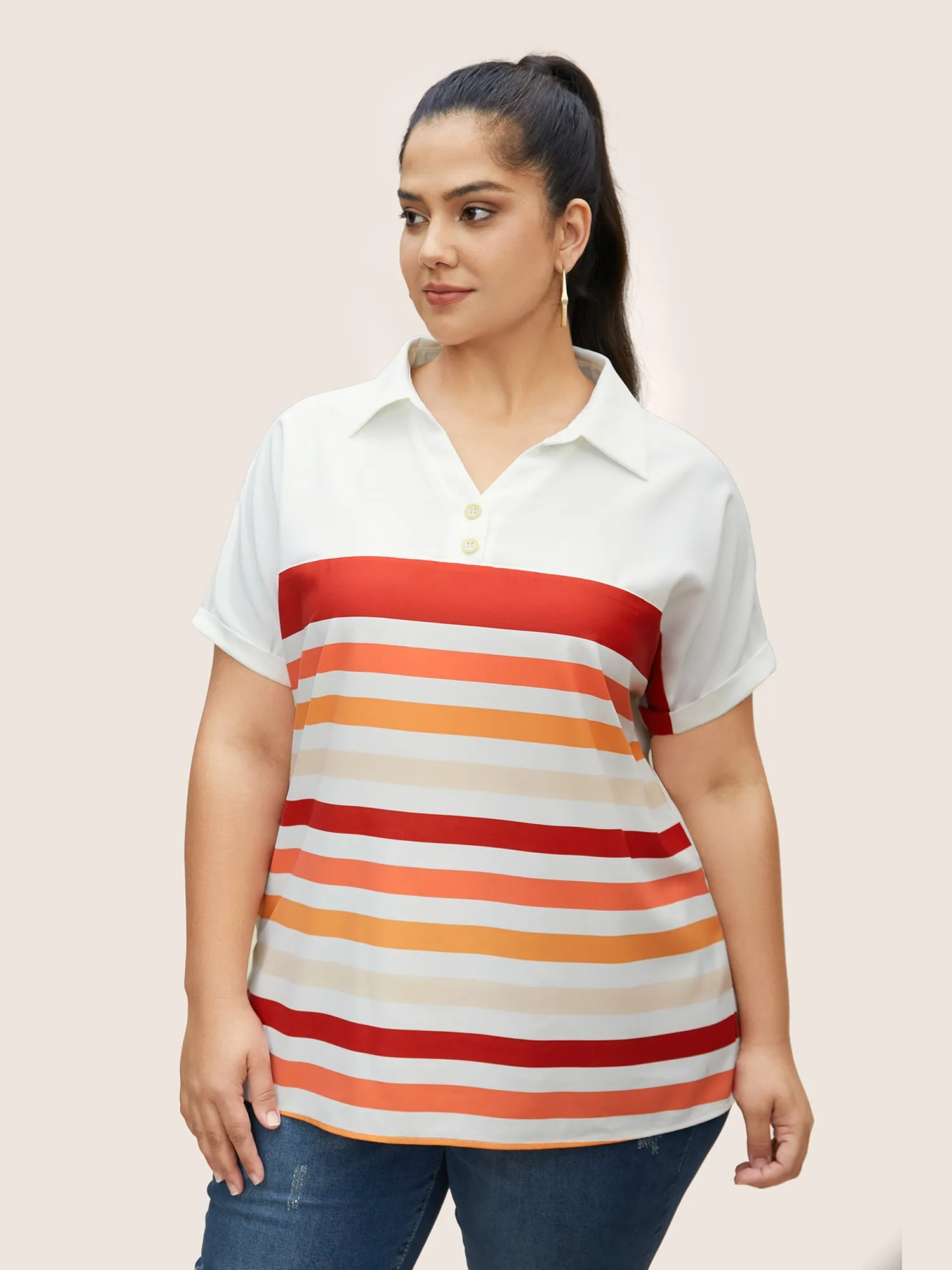 Striped Contrast Shirt Collar Batwing Sleeve Blouse sold by Bloomchic