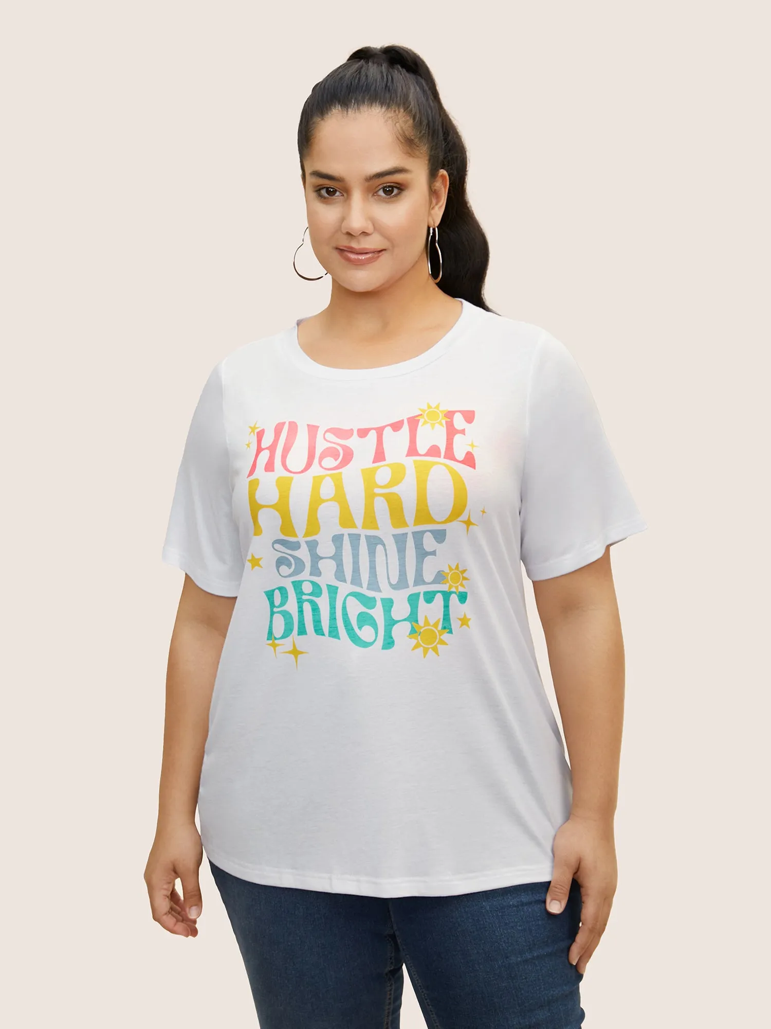 Colorful Design Print Round Neck T-shirt sold by Bloomchic