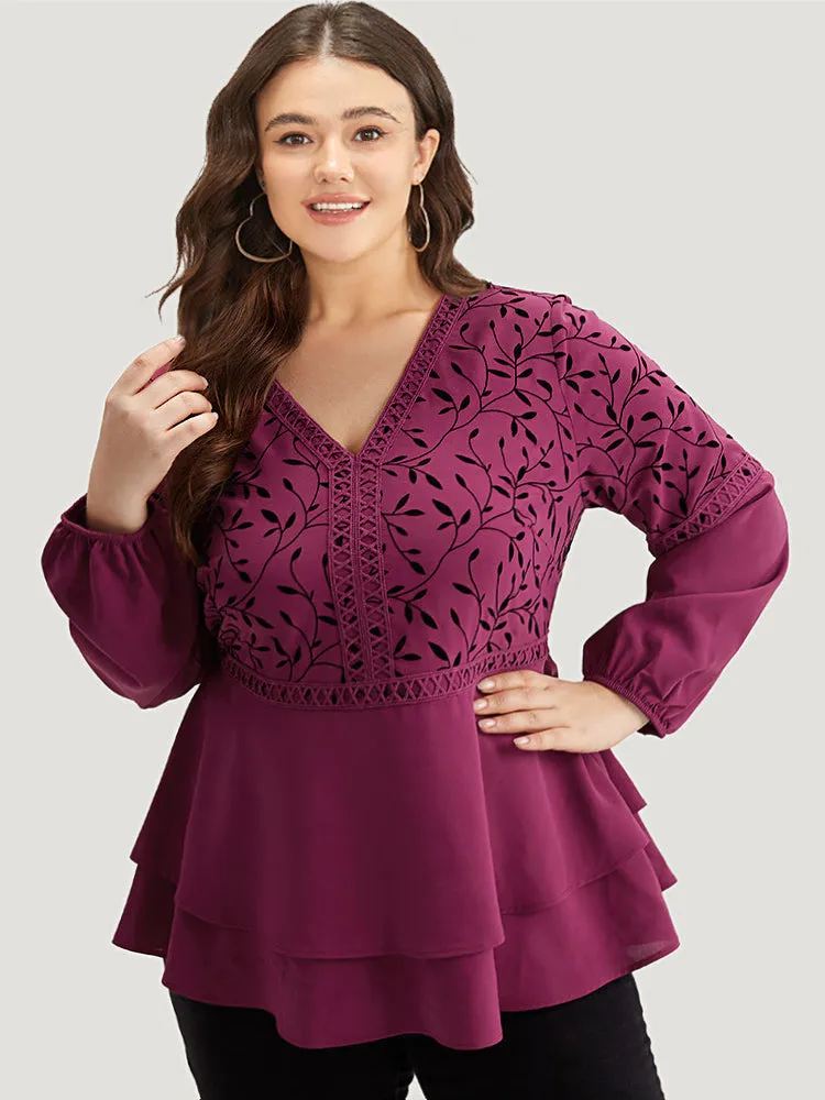 Silhouette Floral Print Lace Patchwork Layered Hem Blouse sold by Bloomchic product image thumbnail 2