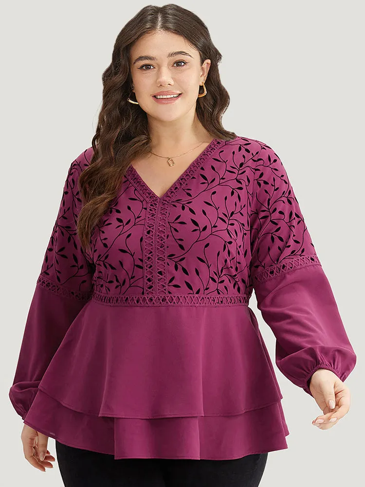 Silhouette Floral Print Lace Patchwork Layered Hem Blouse sold by Bloomchic