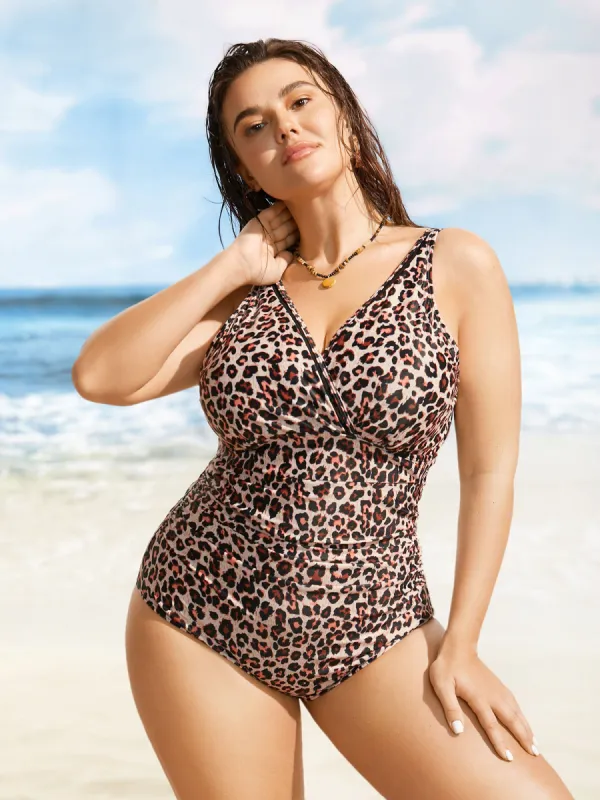 Leopard Print Overlap Collar Woven Ribbon One Piece Swimsuit sold by Bloomchic