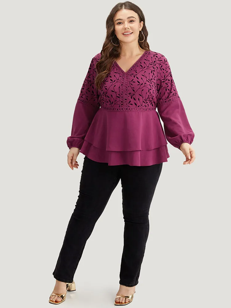 Silhouette Floral Print Lace Patchwork Layered Hem Blouse sold by Bloomchic product image thumbnail 4