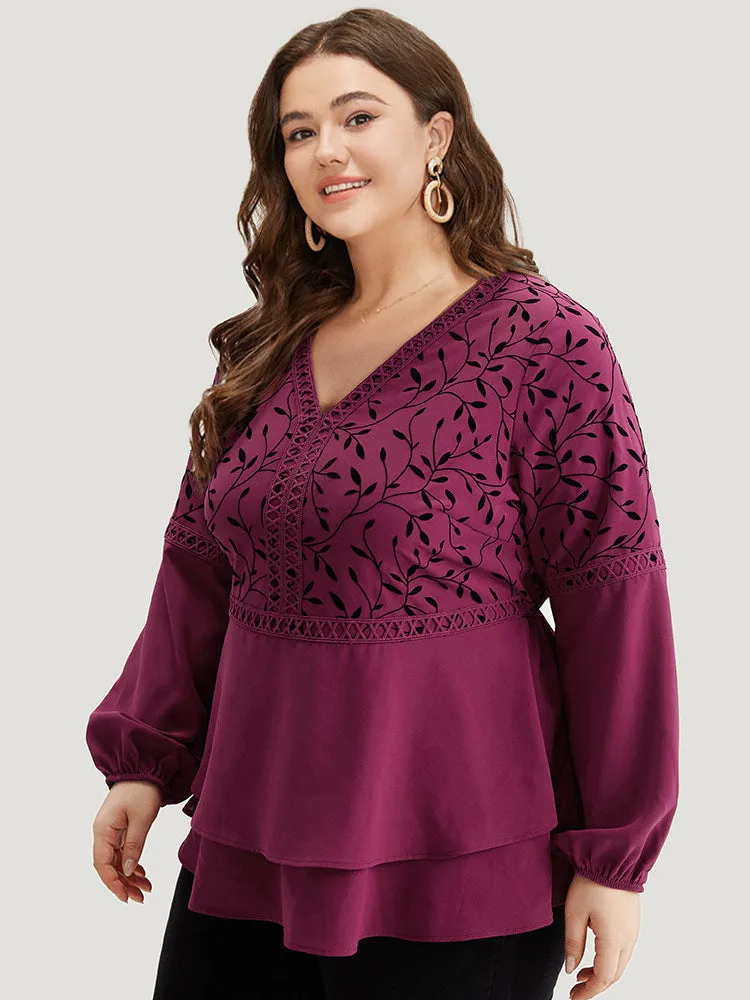 Silhouette Floral Print Lace Patchwork Layered Hem Blouse sold by Bloomchic product image thumbnail 5