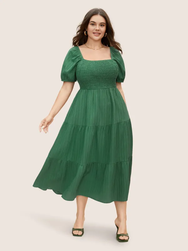 Square Neck Texture Shirred Puff Sleeve Dress sold by Bloomchic