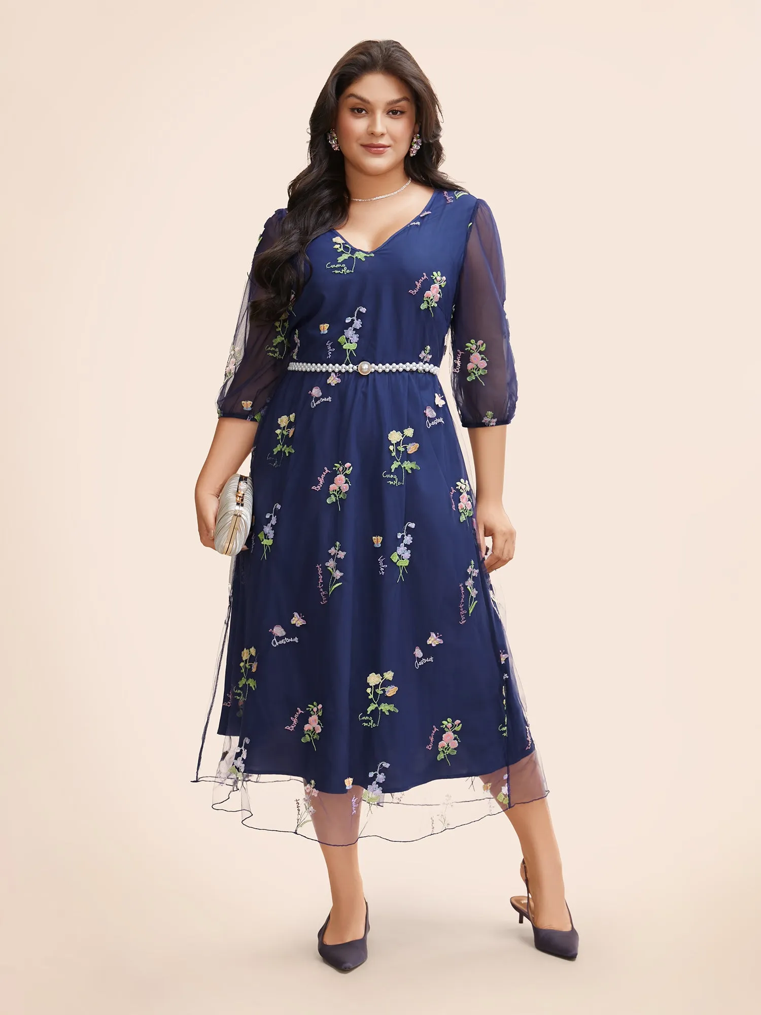 Floral Embroidered Mesh Patchwork Lantern Sleeve Dress sold by Bloomchic product image thumbnail 3