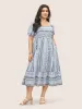Geometric Shirred Pocket Lantern Sleeve Dress sold by Bloomchic