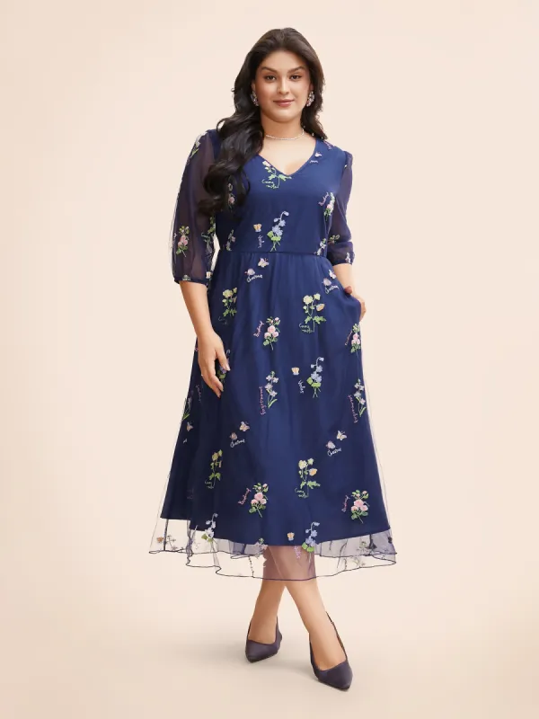 Floral Embroidered Mesh Patchwork Lantern Sleeve Dress sold by Bloomchic