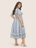 Geometric Shirred Pocket Lantern Sleeve Dress sold by Bloomchic