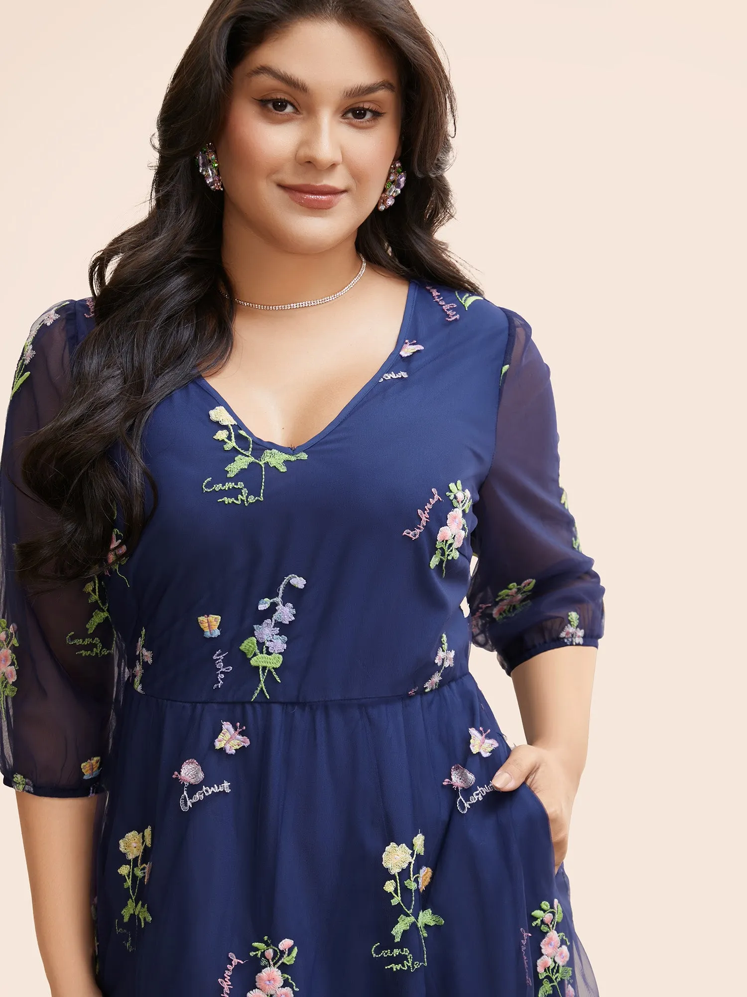 Floral Embroidered Mesh Patchwork Lantern Sleeve Dress sold by Bloomchic product image thumbnail 2